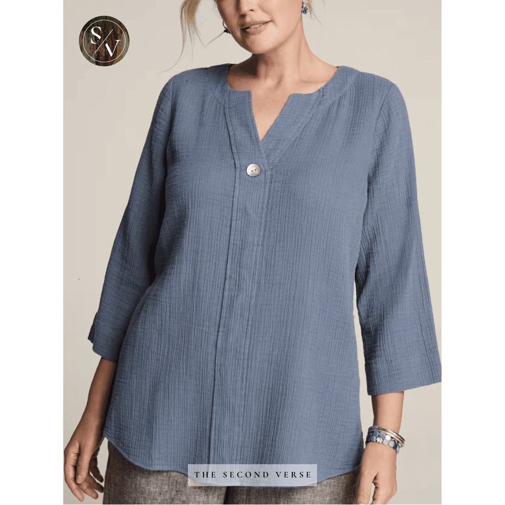 Pure Jill Orgnic Cotton Crinkle Gauze Tunic Top Blue Large Lagenlook Boho Casual